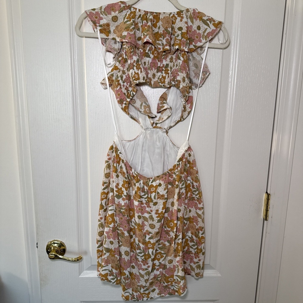 Princess Polly Floral Cutout Mini Dress US 6 Smocked Puff Sleeve Boho 70s Y2K - Picture 2 of 8